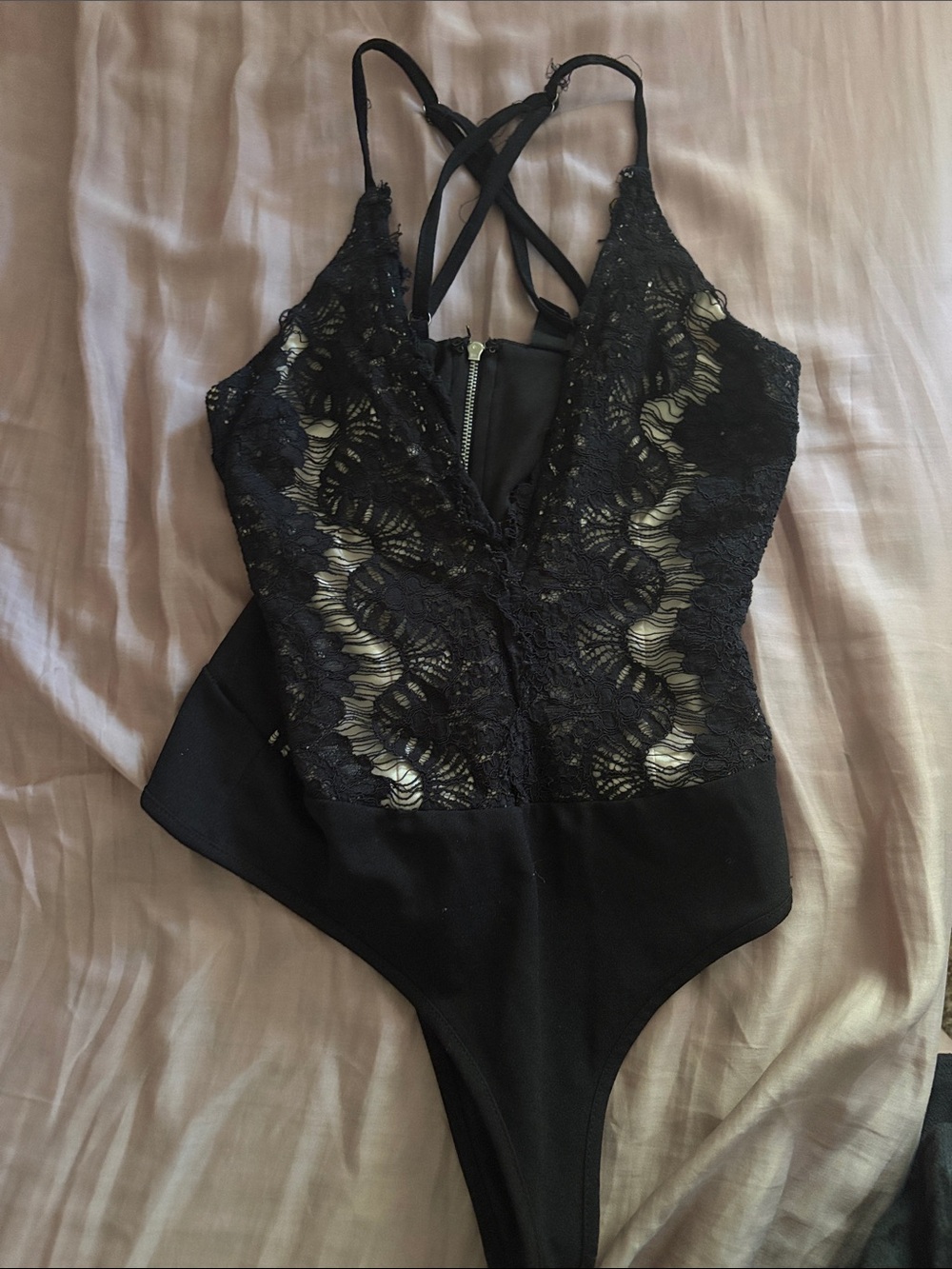 Windsor Black Lace V-Neck Crisscross Strap Bodysuit